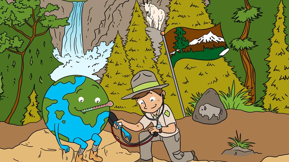 A cartoon of a ranger measuring the vital signs of the Earth.