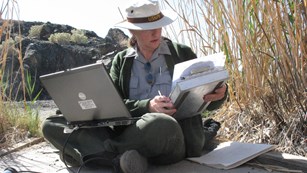 Female park ranger entering data into a computer on a beach