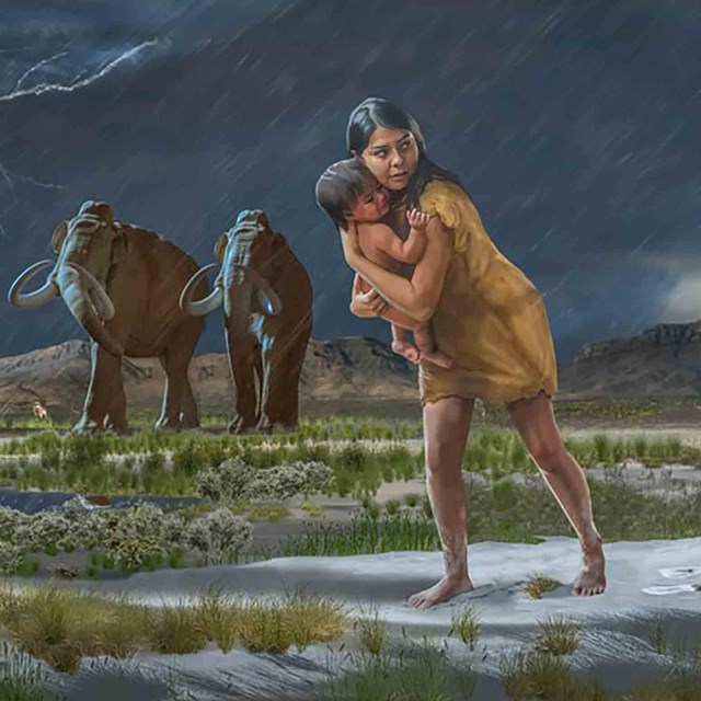 An artist drawing of a young woman holding a baby with mammoths in the background.
