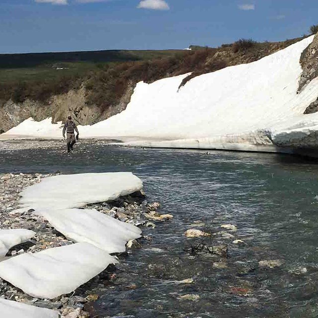 A researcher on an Arctic river with snow melting on the banks.
