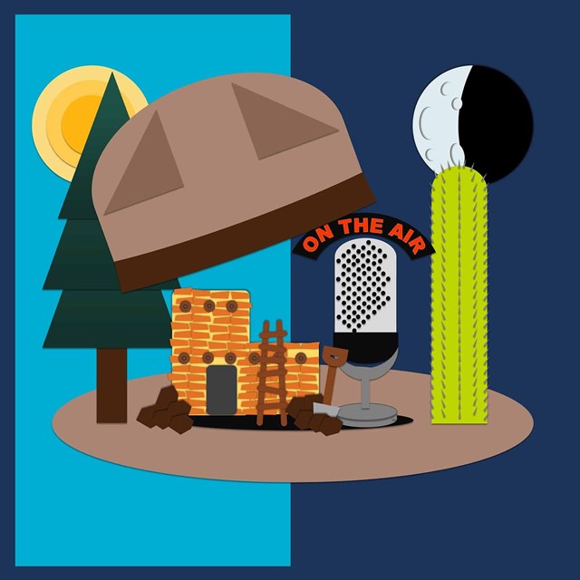 A graphic showing historic park icons and a microphone.