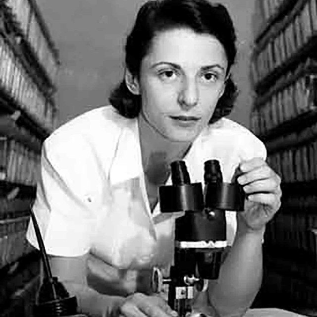 Physicist Liane Russell at a microscope.
