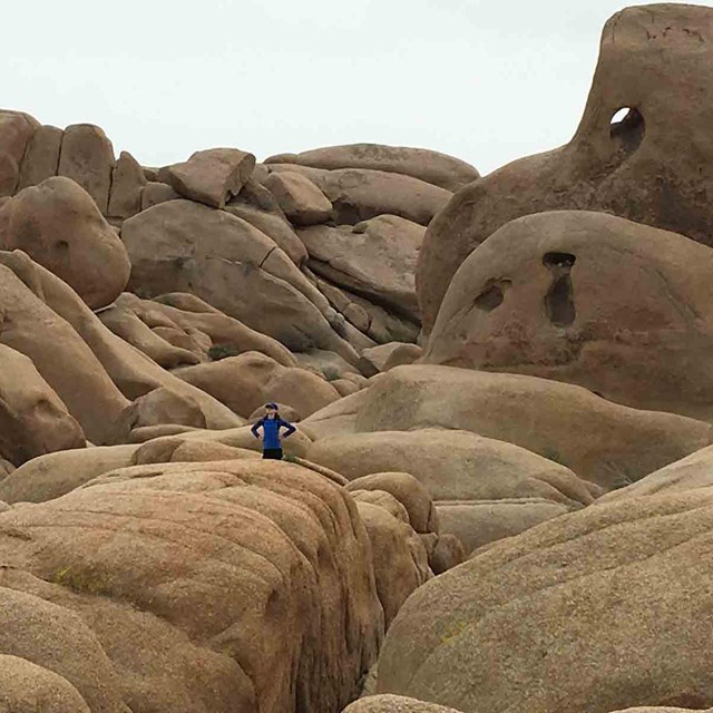 A woman stands in a large rock field.