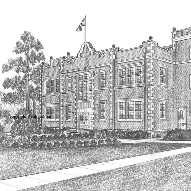 A line drawing of a two story building with flag flying over the center entrance.