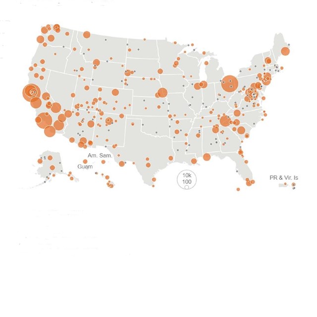 An image of the United States map with orange and grey dots of various sizes all over