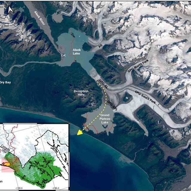 An aerial image of glaciers and coastline.