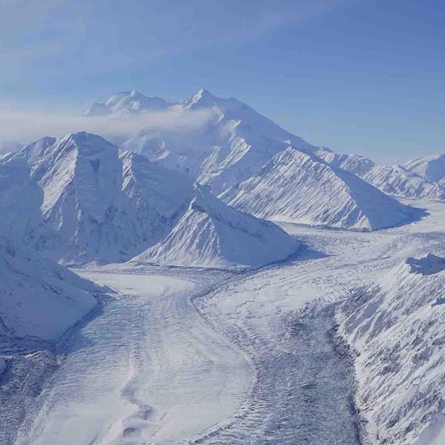 Aerial view of a glacier coming down from Denali, heavily crevassed.