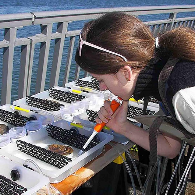 A young woman prepares specimens.