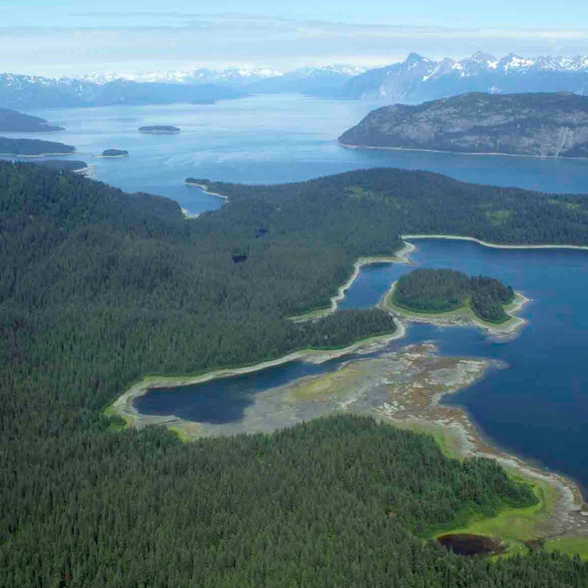 Coastal area with beaches and islands.