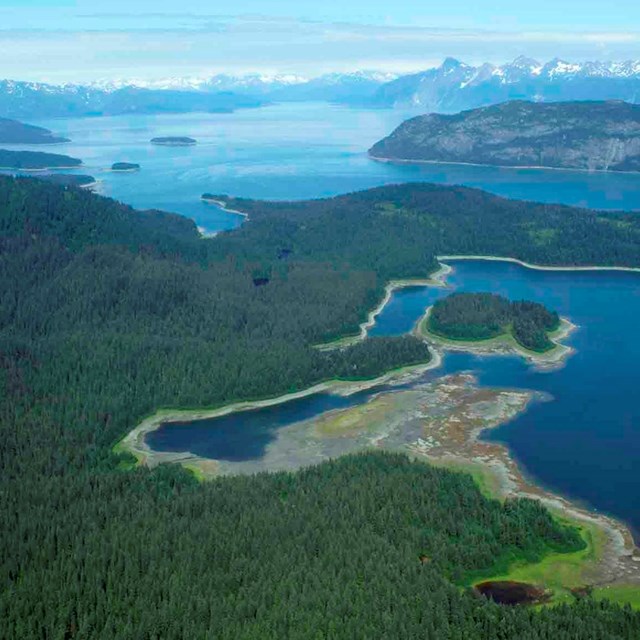 Coastal area with beaches and islands.