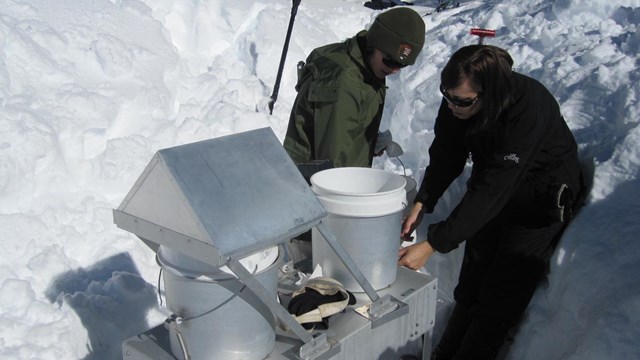 Two National Park Service scientists work on equipment to monitor precipitation chemistry.