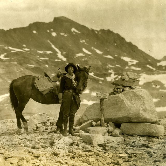A woman and a horse standing in front of mountains.
