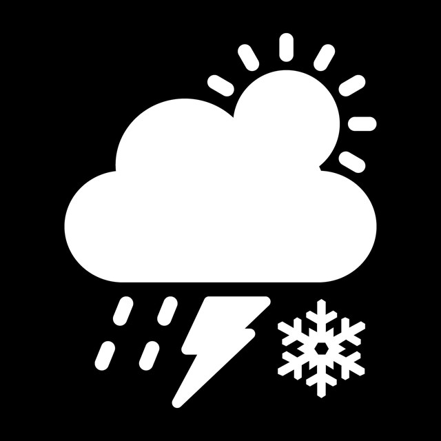 black and white symbol featuring a combination of cloud, sun, lightning, snow, and rain