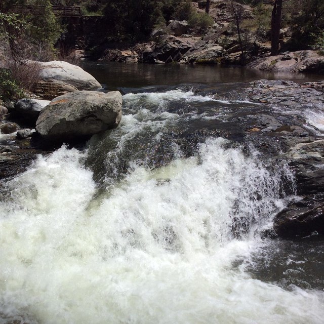 A fast-moving river cascades over rocks.