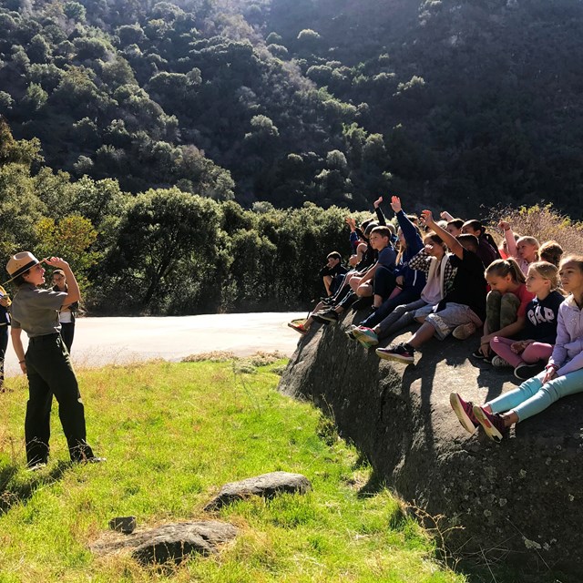 A group of children sit on a rock facing a ranger. Some are raising their hands.