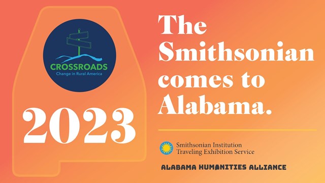 An orange graphic with an outline of Alabama that reads "The Smithsonian Comes to Alabama."