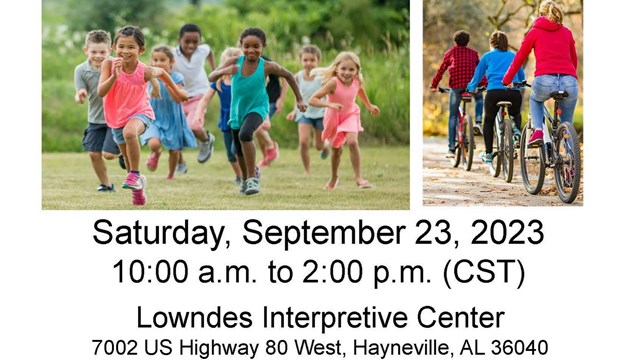 Flyer of information about the event and images of kids playing outdoors.