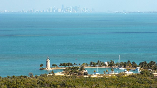 Aerial view of Miami skyline and Biscayne National Park