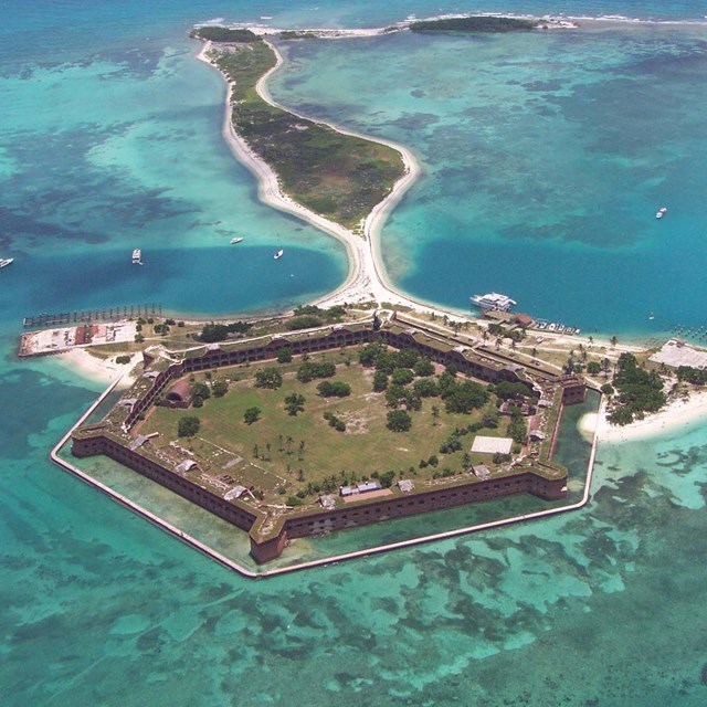 Aerial view of a historic fort and surrounding islands