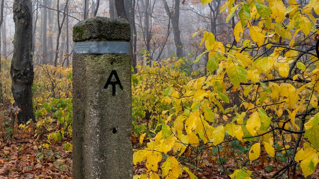 An arrow on a cement post indicating the Appalachian Trail