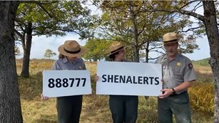 Three Rangers hold signs that read "888777" and "SHENALERTS."
