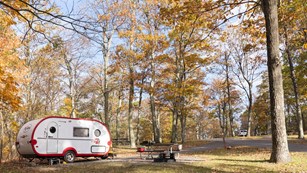 A camper parked in a campground, under trees full of fall color.