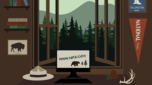A graphic of a computer on a desk in front of windows that are opened to the forest and mountains.