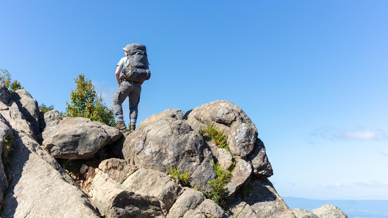 A man stands on top of a boulder, looking out over the view.