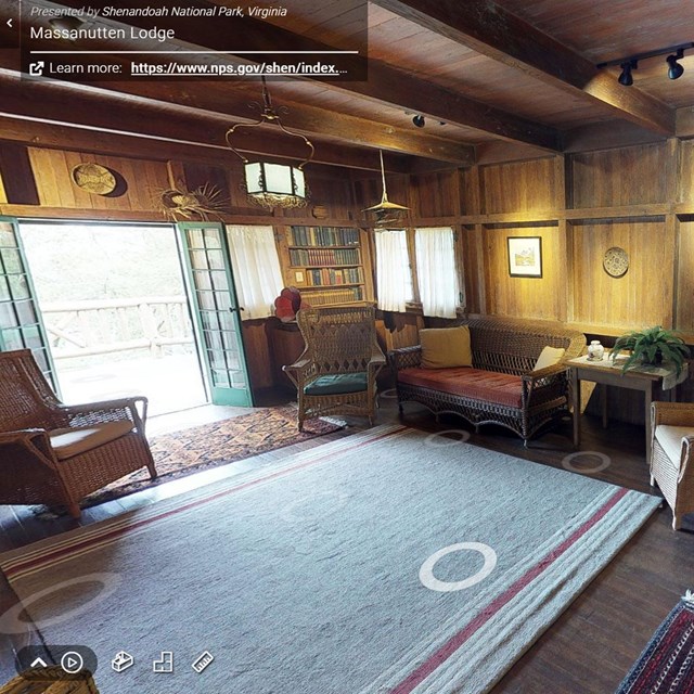 A graphic of a virtual tour of a rustic lodge.