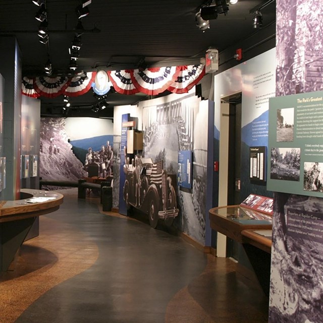 A walkway through a museum exhibit about the founding of Shenandoah National Park.