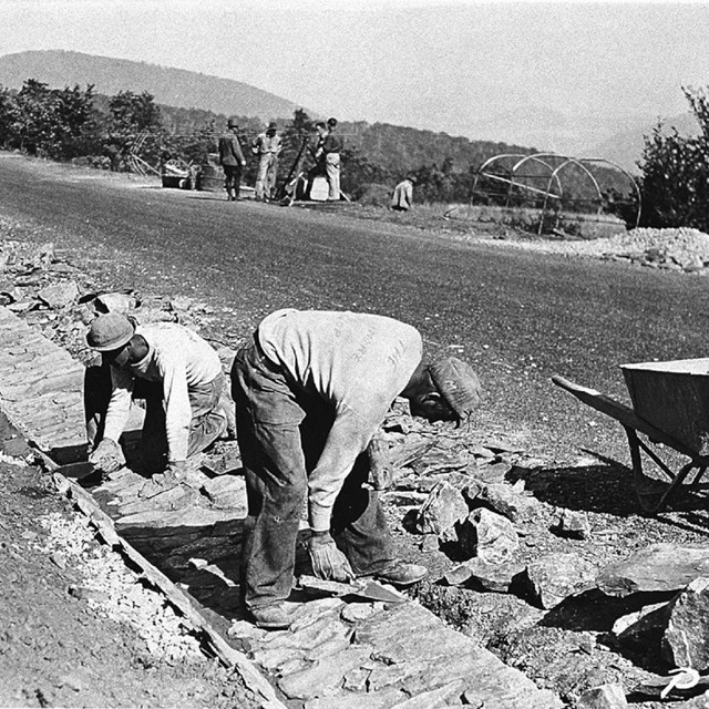 CCC boys working on stone gutter near Old Rag View Overlook.