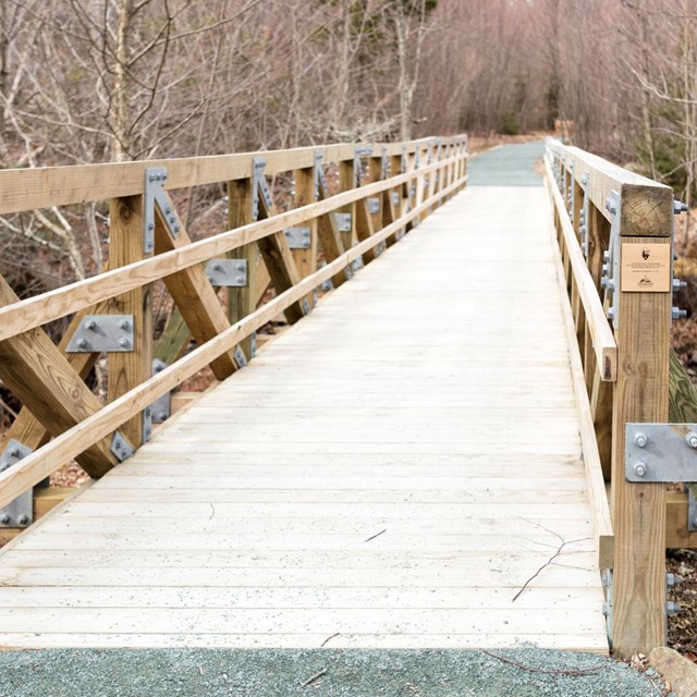 An accessible wooden bridge crosses over a ditch.