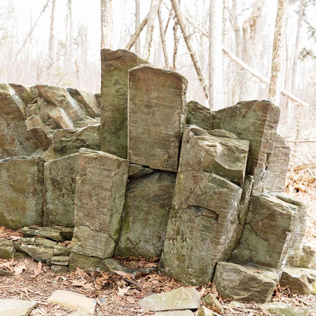 A natural formation of rocks coming up out of the forest floor.