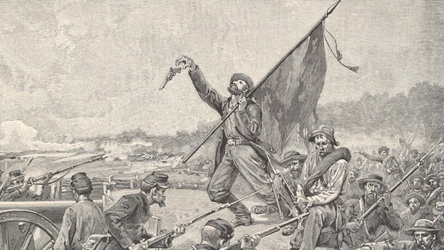 Historic engraving of Colonel Rogers falling as he leads soldiers into Battery Robinett