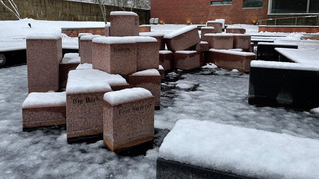 Below a photo of a snowy fountain the text "Current Conditions."