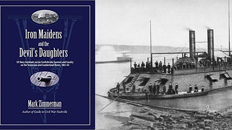 Book cover next to historic image of gunboat