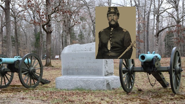 Image of monument and cannon with superimposed historic picture