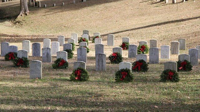 Wreaths adorn headstones in Shiloh National Cemetery