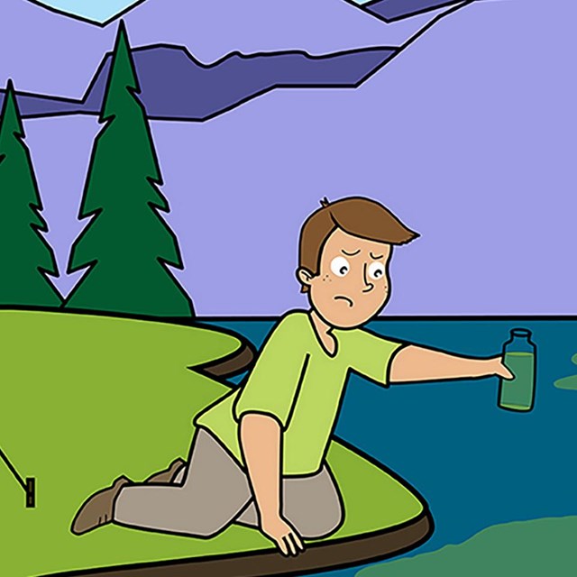 Cartoon showing young scientist collecting a water sample from a mountain lake.