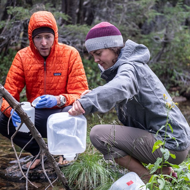 Two field biologists collect water quality samples at the outlet of a lake.