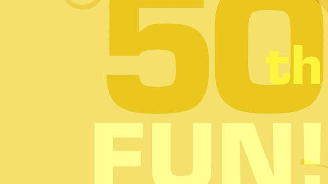 Yellow box with words 50th Fun and an outline of a bear