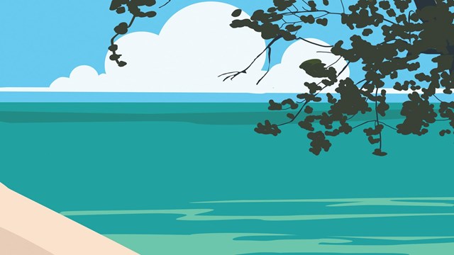 Sketch of dune and lake and tree