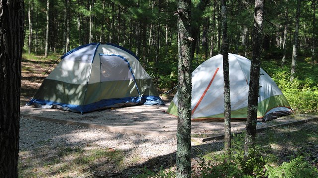 Two tents sit on a ten pad in the woods.