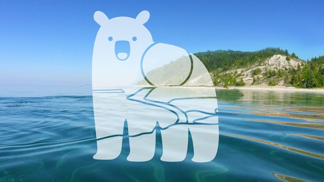 a graphic of a bear over a body of water