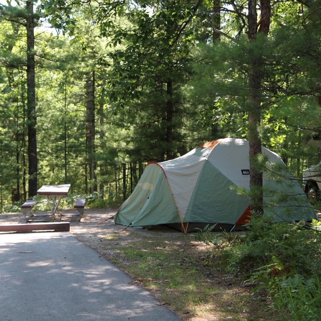 A green and gray tent sits in the woods behind a paved parking space.