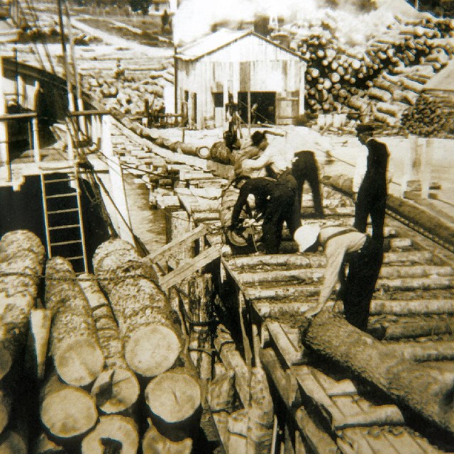 Men load logs from long wooden dock