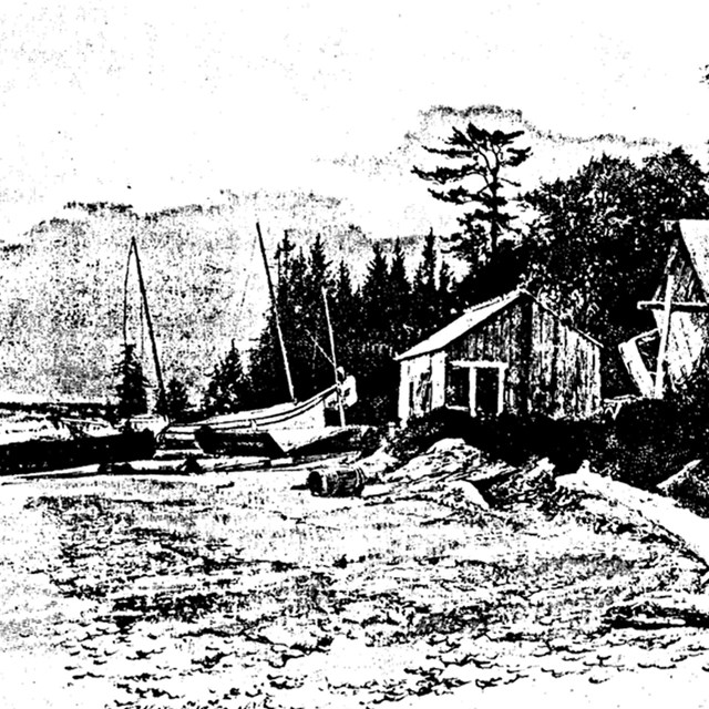 Drawing of fish camp with shack and fishing reels along shore