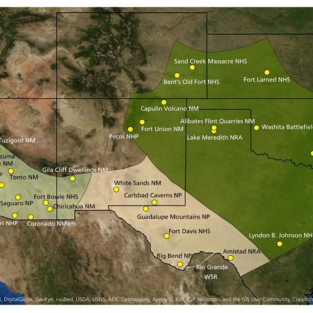 Map of parks in Sonoran Desert, Chihuahuan Desert, and Southern Plains