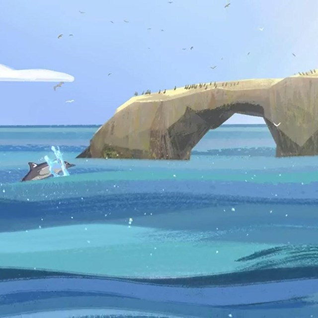Illustration. A rock arch in the ocean, covered in seabirds. A dolphin leaps in front of it.
