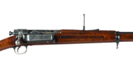 A color photo of a Krag-Jorgensen Rifle with bayonet.